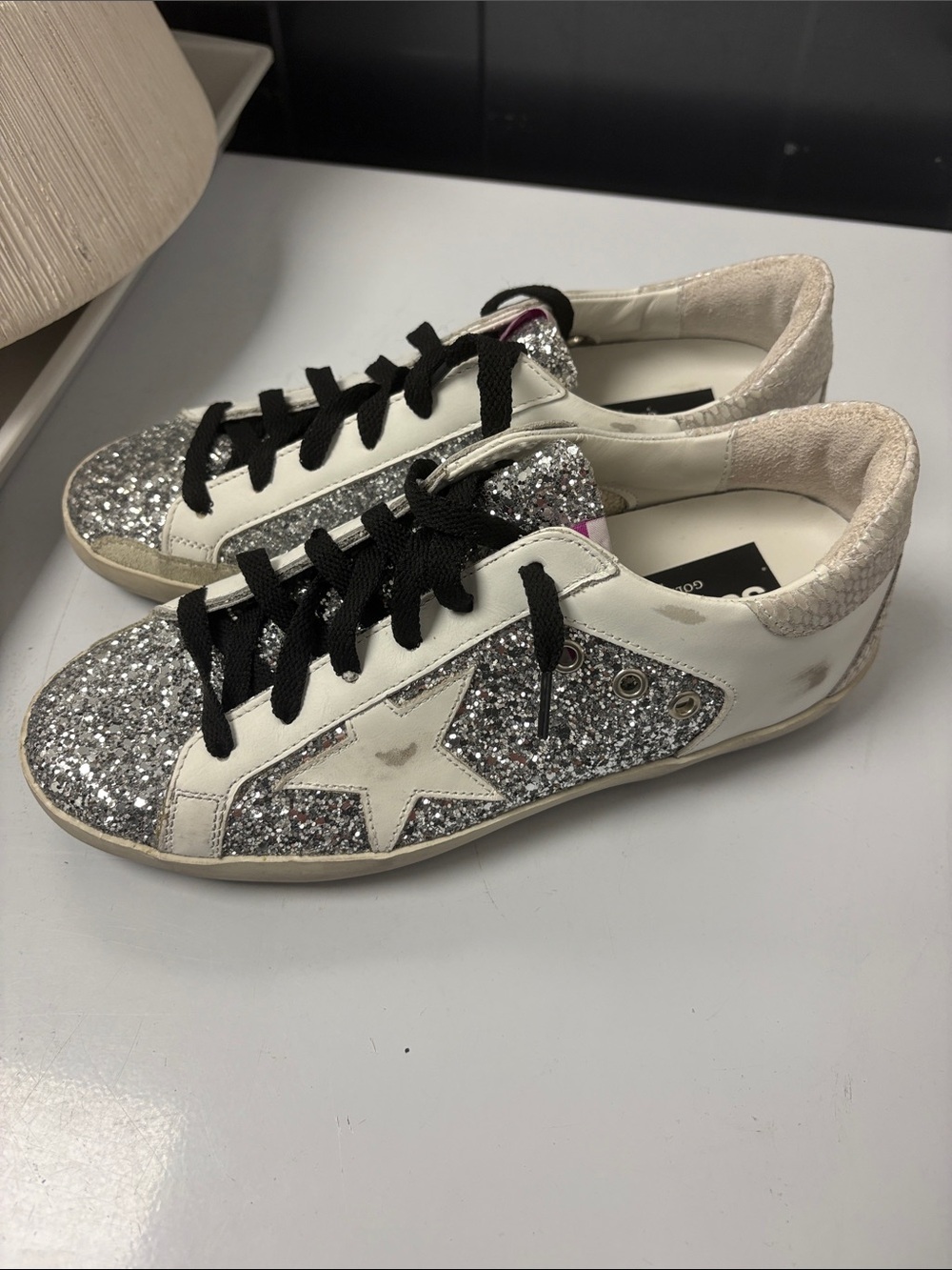 Golden Goose Women’s White Sneakers with Silver Glitter Star and Black Laces